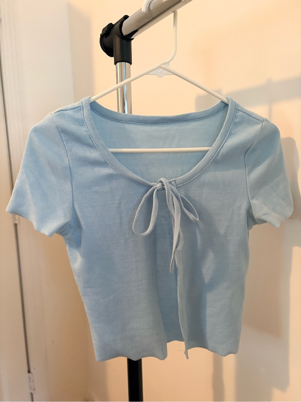 Light Blue Tie-Front Ribbed Short Sleeve Top - Women